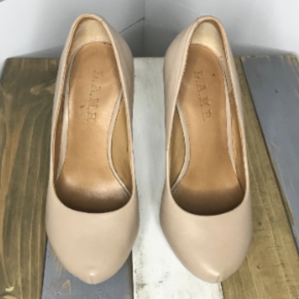 L.A.M.B Leather Gwen Stefani Nude Neutral Stiletto Platform High Heels Shoes Sz7